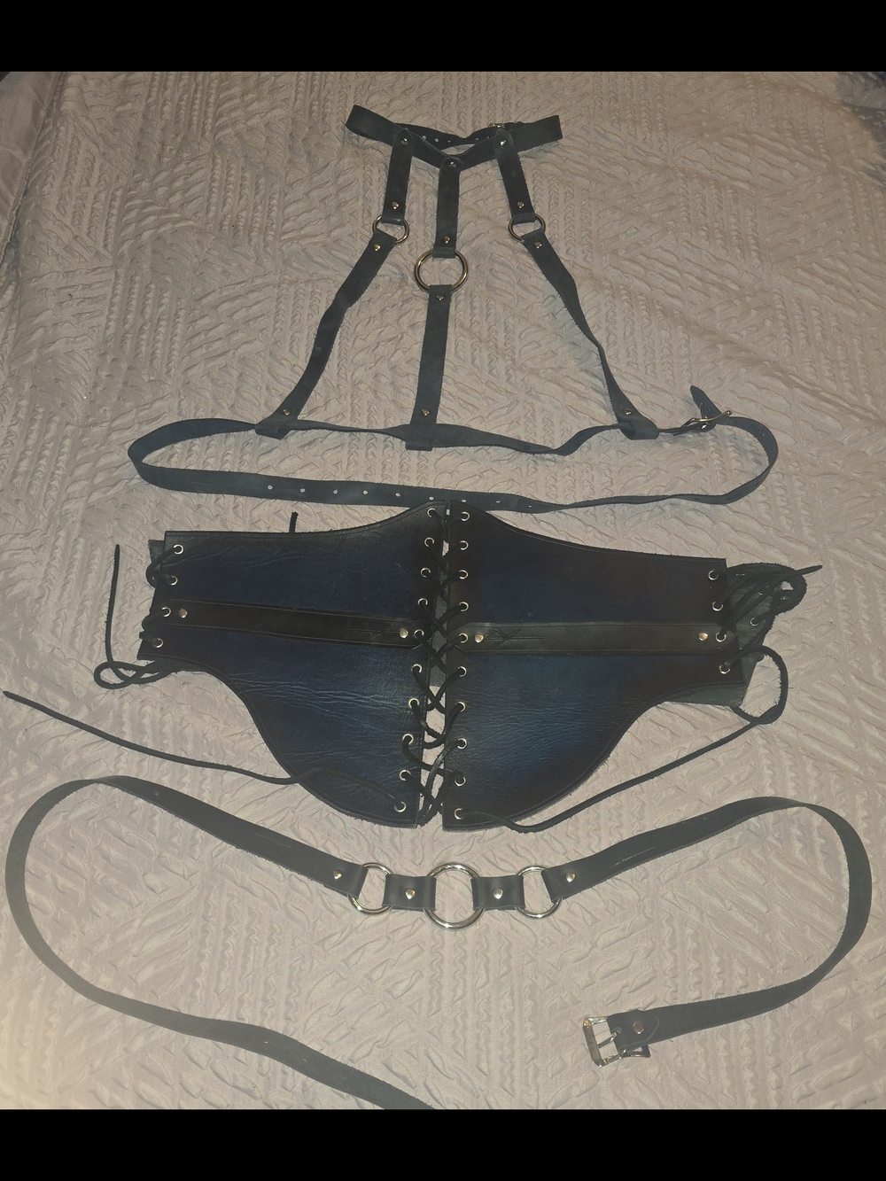 Hand-made Black Leather Lace-Up Waist Corset Belt with Harness